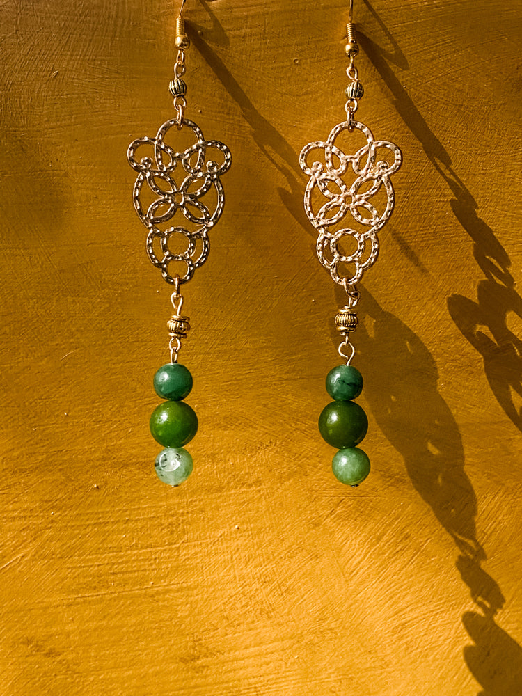 Green Agate, Brass, and Metal Filigree Earrings