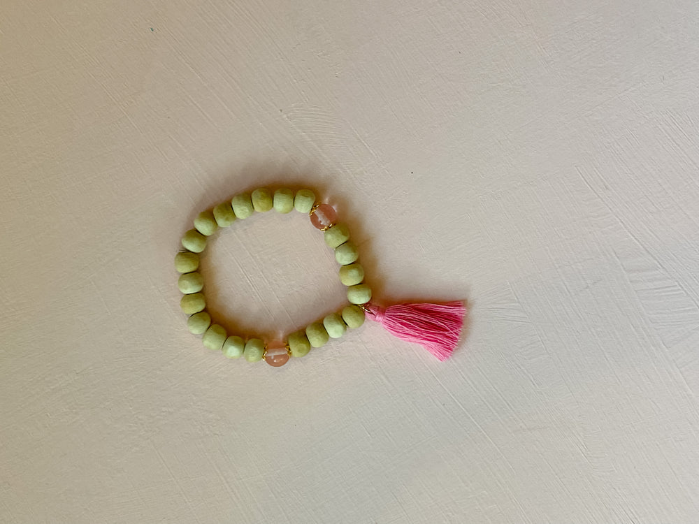 "Grounded Heart" Wood Bead, Rose Quartz, and Pink Tassel Intention Bracelet