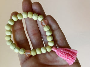 "Grounded Heart" Wood Bead, Rose Quartz, and Pink Tassel Intention Bracelet