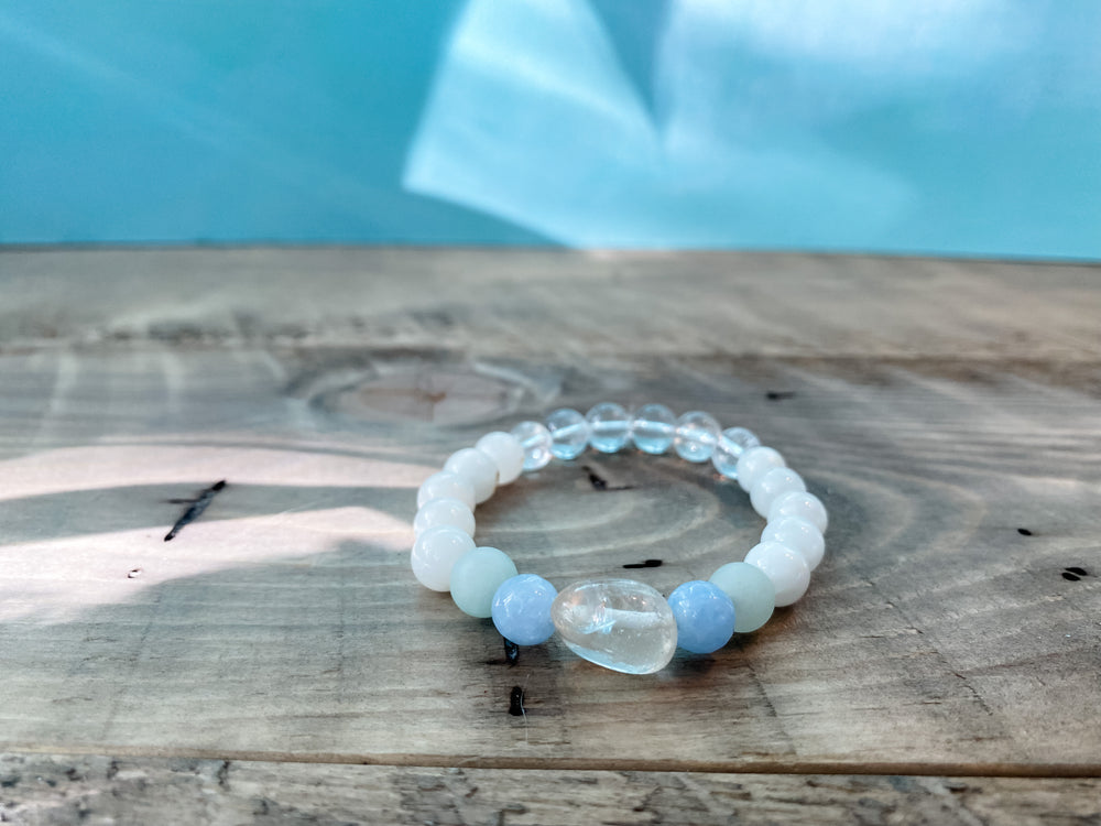 "Tranquility" Clear Quartz, Snow Quartz, and Blue Agate Crystal Bracelet