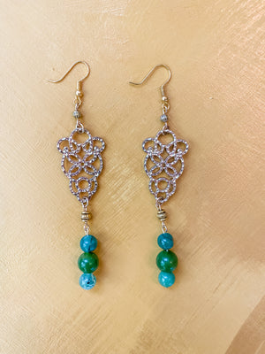 
            
                Load image into Gallery viewer, Green Agate, Brass, and Metal Filigree Earrings
            
        