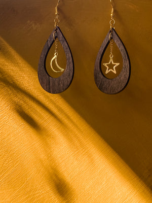 Wood and Brass Moon and Star Earrings