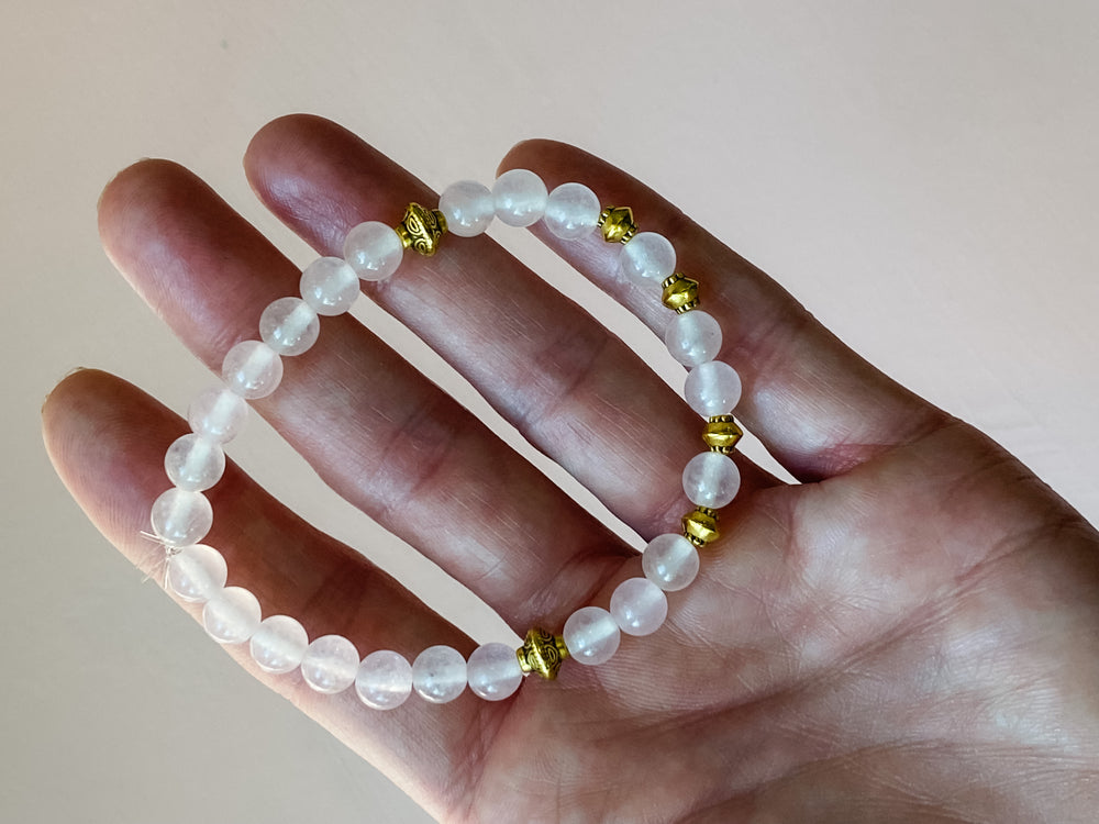 
            
                Load image into Gallery viewer, Rose Quartz and Brass Bead Crystal Bracelet
            
        
