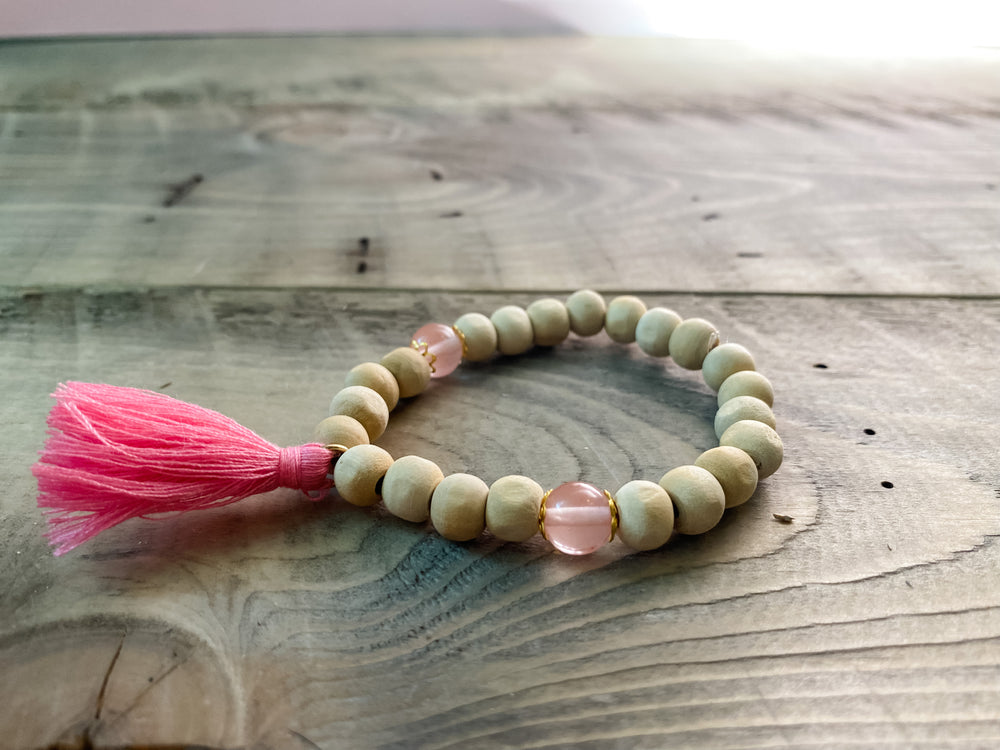 Wood Bead, Rose Quartz, and Pink Tassel Bracelet