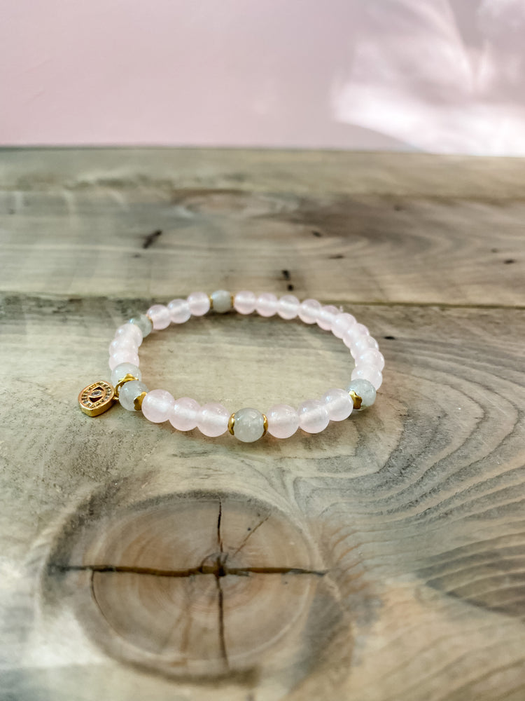 
            
                Load image into Gallery viewer, &amp;quot;Protected Heart&amp;quot; Rose Quartz, Grey Moonstone, and Mal de Ojo Crystal Intention Bracelet
            
        