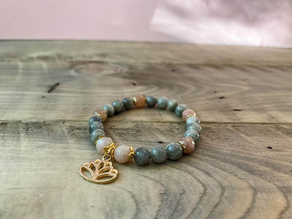 Labradorite, Peach Moonstone, and Lotus Crystal Bracelet